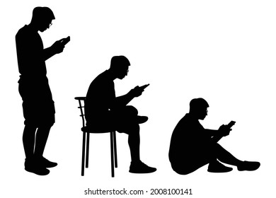 Set of young man with tablet in hand silhouette vector on white background