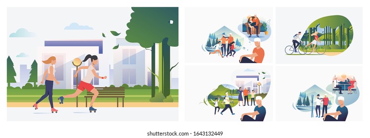 Set of young man thinking about vacation with family. Flat vector illustrations of cartoon character and memories. Memories concept for banner, website design or landing web page