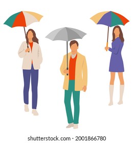 Set of a young man and two women with umbrellas, different colors, a cartoon character, a group of silhouettes of standing business people, students, a design concept of a flat icon isolated on a whit