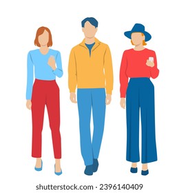  Set of young man and two women, different colors, cartoon character, group of silhouettes of standing business people, students, design concept of flat icon, isolated on white background