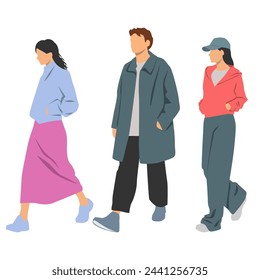  Set of young man and two women , different colors, cartoon character, group of silhouettes of walking business people, students, design concept of flat icon, isolated on white background