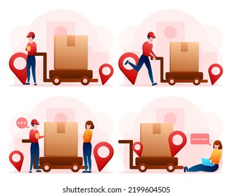Set of young man in uniform working professional transporting parcels to customers, delivery checking location on mobile phone, drawing in cartoon character, vector illustration