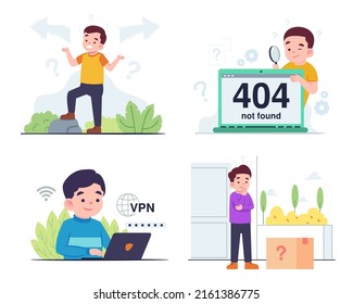 Set of young man with various activity, Travel or hiking on mountain, working on laptop computer, checking error on internet and other in cartoon character, vector illustration