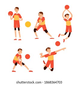 Set of young man volleyball player in various poses playing with a ball. Vector illustration, flat style.