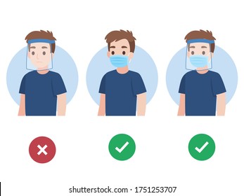 Set of Young Man wearing a surgical protective Medical face mask and face shield color speech bubble like do and don't infographic for prevent corona virus Health care concept.
