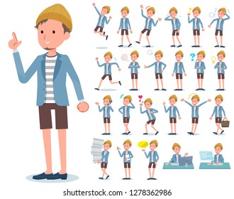 A set of young man with who express various emotions.There are actions related to workplaces and personal computers.It's vector art so it's easy to edit.