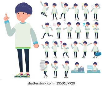 A set of young man with who express various emotions.There are actions related to workplaces and personal computers.It's vector art so it's easy to edit.

