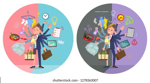 A set of young man who perform multitasking in offices and private.There are things to do smoothly and a pattern that is in a panic.It's vector art so it's easy to edit.