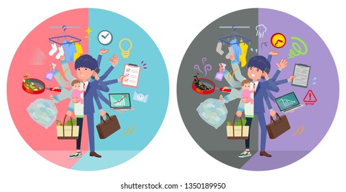 A set of young man who perform multitasking in offices and private.There are things to do smoothly and a pattern that is in a panic.It's vector art so it's easy to edit.
