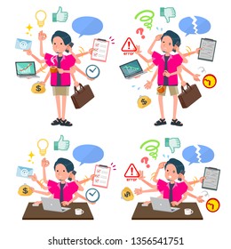 A set of young man who perform multitasking in the office.There are things to do smoothly and a pattern that is in a panic.It's vector art so it's easy to edit.
