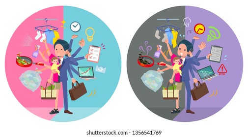 A set of young man who perform multitasking in offices and private.There are things to do smoothly and a pattern that is in a panic.It's vector art so it's easy to edit.
