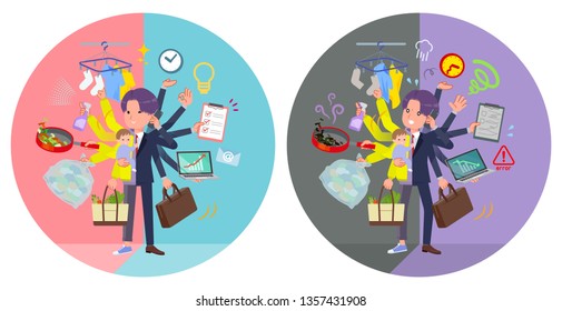 A set of young man who perform multitasking in offices and private.There are things to do smoothly and a pattern that is in a panic.It's vector art so it's easy to edit.