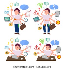 A set of young man who perform multitasking in the office.There are things to do smoothly and a pattern that is in a panic.It's vector art so it's easy to edit.
