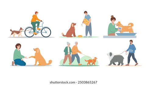 Set of young man and woman with dogs. People walking, playing and taking care of dog. Dog lover, owner or volunteer characters. Vector flat illustration isolated on white background.