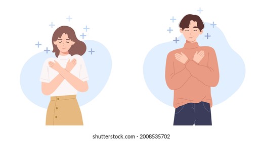 Set Of Young Man And Woman Embracing Themselves With Positive Energy. Butterfly Hug Therapy. Concept Of Mental Health Care, Psychology Technique Treatment, Encouragement. Flat Vector Illustration.