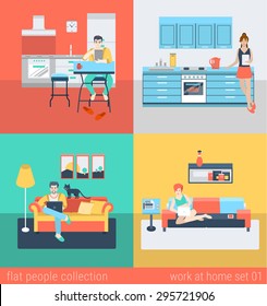 Set of young man woman freelance homework in kitchen living room sofa. Flat people lifestyle situation work at home concept. Vector illustration collection of young creative humans.