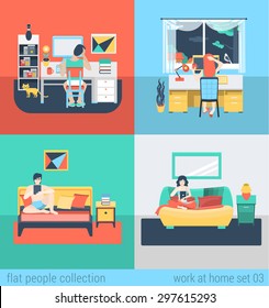 Set of young man woman home office freelance homework laptop tablet table workplace. Flat people lifestyle situation work at home concept. Vector illustration collection of young creative humans.