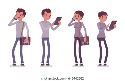 Set of young man and woman, smart casual dressing, skinny jeans, holding messenger bag, standing pose, using gadgets, phone talking, vector flat style cartoon illustration, isolated, white background