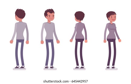 Set of young man and woman, wearing smart casual dressing, grey longsleeve, skinny jeans, standing pose, front, rear view, vector flat style cartoon illustration, isolated on white background
