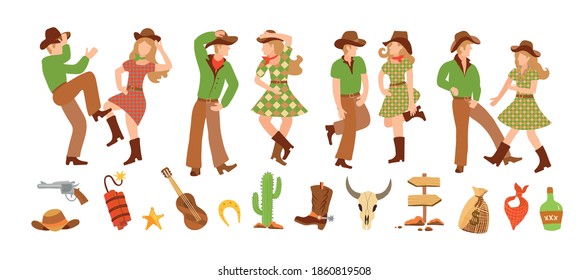 Set of young man and woman in western country clothes, boots and cowboy hats dancing in flat style. Vector illustration clip-art western clip-art. Square dance for two and country dance festival.