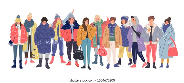 Set of young man and woman in winter clothers. People in winter style. Hand-drawn vector illustration.