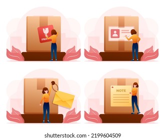 Set of young man and woman working professional transporting parcels to customers, Courier in uniform upload box, drawing in cartoon character, vector illustration