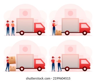Set of young man and woman working professional transporting parcels to customers by van, Courier in uniform upload box, drawing in cartoon character, vector illustration