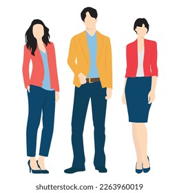  Set of young man and women, different colors, cartoon character, group of silhouettes of standing business people, students, the design concept of flat icon, isolated on white background