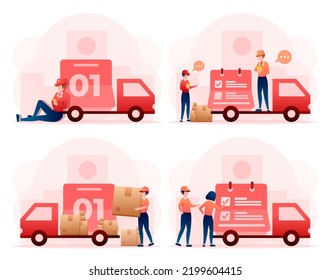 Set of young man working professional transporting parcels to customers, people in uniform upload box on truck, drawing in cartoon character, vector illustration