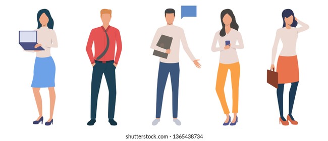 Set of young managers in smart casual outfits. Group of cartoon characters using modern devices. Vector illustration can be used for presentation, brochure, business