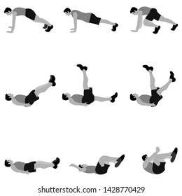 Set of young mans doing exercises in the gym. Fit mans doing exercises  for body warming or exercises for spine. Greyscale flat vector illustration. 