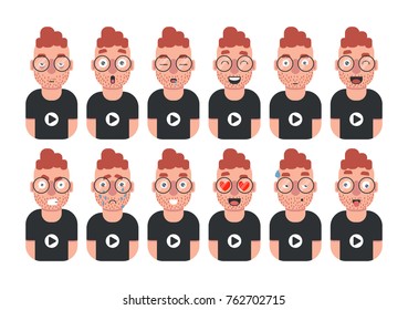 Set of young man's emotions. Cute boy Avatar. Vector flat cartoon design of facial expressions.