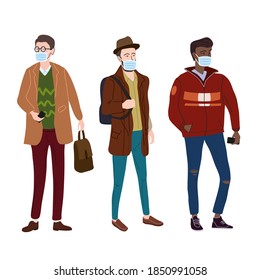Set Young mans students in modern autumn trendy clothes. In medical mask, individual protection from viruses, smog, vapor. Fashion casual outerwear street style character. Flat cartoon style vector
