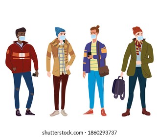 Coloca a jóvenes estudiantes de sexo masculino en ropa moderna de otoño. En la máscara médica, protección individual contra virus, smog, vapor. Carácter casual de moda al estilo de la calle de la ropa exterior. Vector de estilo de caricatura plana