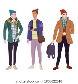 Poner a los jóvenes estudiantes en ropa moderna de primavera. Personajes casuales de moda al estilo de las calles. Ilustración aislada del vector de estilo cartográfico plano
