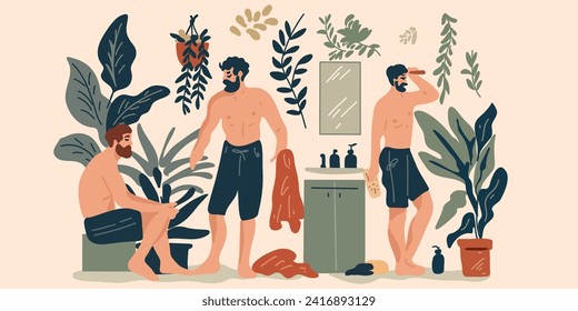 Set of young men with a beard in the bathroom with a towel, grooming, taking care of themselves, vector illustration in cartoon style