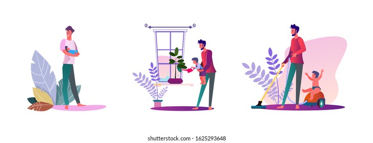 Set of young men being dads. Flat vector illustrations of casual men doing activities with their kids indoors. Fatherhood and parenting concept for banner, website design or landing web page