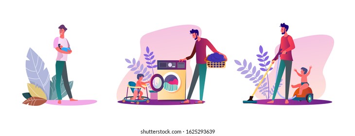 Set of young men being parents. Flat vector illustrations of casual men experiencing fatherhood. Fatherhood and parenting concept for banner, website design or landing web page