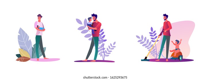 Set of young men being single fathers. Flat vector illustrations of casual men spending time with their kids. Fatherhood and parenting concept for banner, website design or landing web page