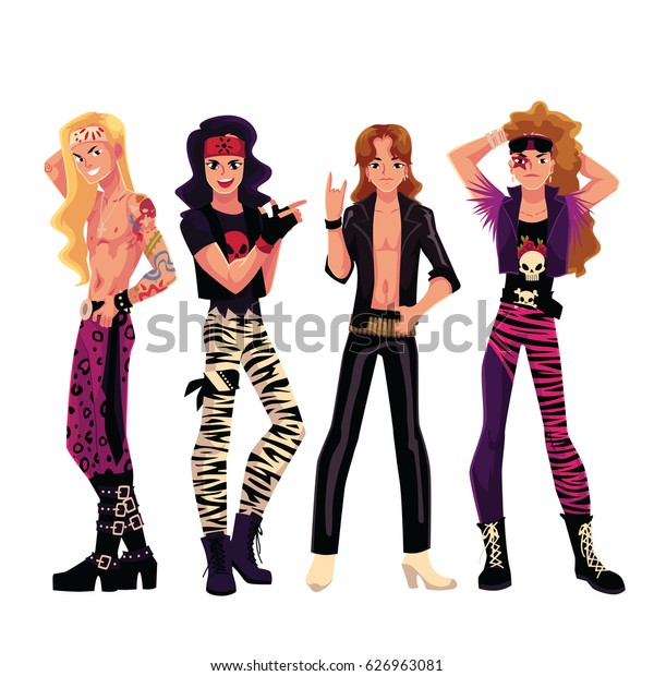 Set of\
young men, boys, guys dressed as glam rock stars, cartoon vector\
illustration isolated on white background. Full length portrait of\
glam rock stars, leather, heavy boots, bare\
chest