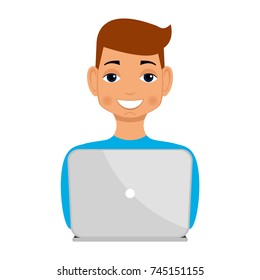 A set of young men with brown hair at the computer, laptop, who experience emotions: Smile, joy, laughter. The manager is at work. Office employee. Vector.