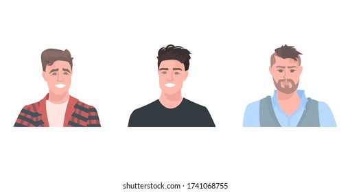 set young men face avartars male cartoon characters portrait collection horizontal vector illustration