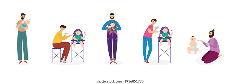 Set of young men fathers feeding their baby kids from a spoon and bottle, flat vector illustration isolated on white background. Fathers giving food their babies.