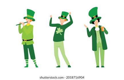 Set of Young Men in Green Irish Traditional Costumes Celebrating Saint Patrick s Day Holiday Cartoon Vector Illustration