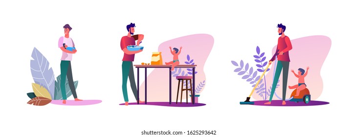 Set of young men hanging out with their children. Flat vector illustrations of casual men at dad duties. Fatherhood and parenting concept for banner, website design or landing web page