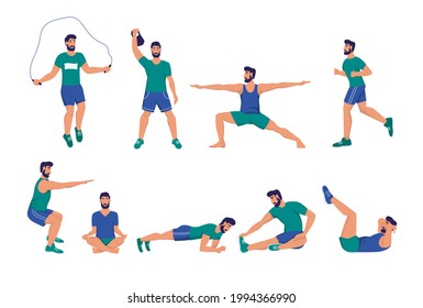 A set of young men playing sports. Squats, push-ups, plank, meditation, yoga, stretching. Sports at home, street workout, healthy lifestyle. Flat cartoon vector illustration.