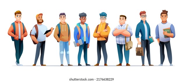 Set of young men student characters in cartoon style