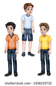 Set of Young Men in Stylish Clothes Cartoon Illustration. Three Handsome Happy Guys Characters Isolated on White Background