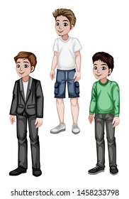 Set of Young Men in Stylish Clothes Cartoon Illustration. Three Handsome Happy Guys Characters Isolated on White Background
