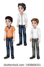Set of Young Men in Stylish Clothes Cartoon Illustration. Three Handsome Happy Guys Characters Isolated on White Background